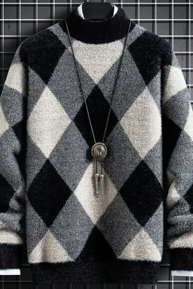 Boyish Guys Sweater Plaid Pattern Long Sleeved Mock and Turtleneck Regular Sweater