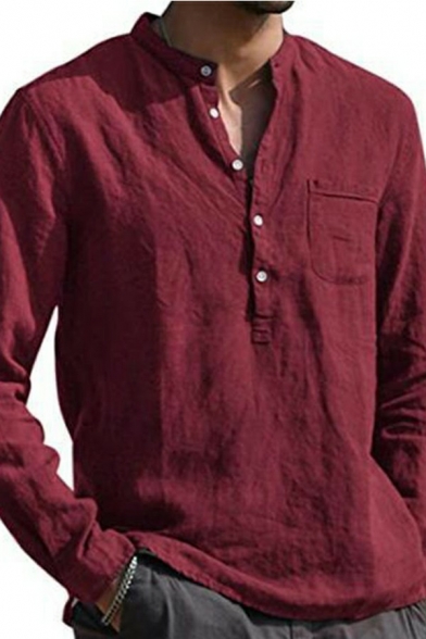 Boyish Men's Henley Shirt Solid Pocket Detail Long Sleeve Relaxed Fit Shirt
