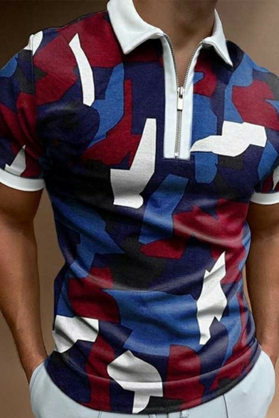 Boyish Men's Polo Shirt Camo Printed Zip-up Collar Short-sleeved Slimming Polo Shirt