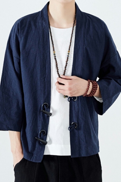 Casual Guys Jacket Pure Color Horn Button Baggy 3/4 Sleeve Jacket