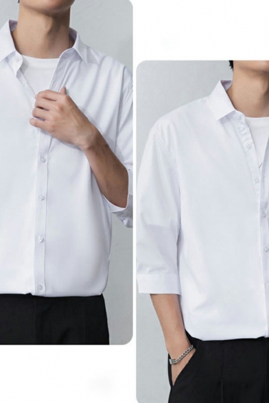 Casual Men's Shirt Solid Color Button Closure Turn-down Collar 3/4 Sleeve Relaxed Fit Shirt