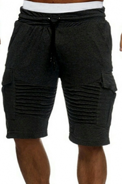 Casual Mens Pure Color Shorts Multi-Pocket Mid-Rised Drawstring Elastic Waist Straight Fit Cargo Shorts