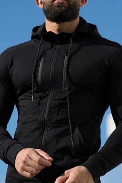 Casual Pure Color Hoodie Long-sleeved Zip up Pocket Drawstring Loose Sleeves for Men