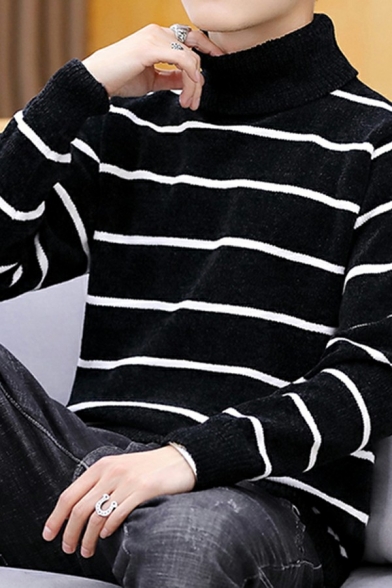 Creative Mens Sweater Stripe Printed Turtleneck Long Sleeve Fitted Pullover Knit Sweater