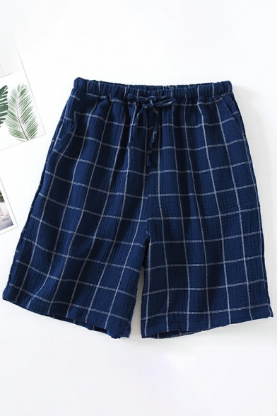 Elegant Shorts Plaid Checker Pattern Pocket Drawstring Elastic Waist Loose Fitted Shorts for Boys