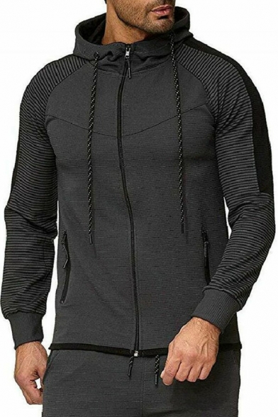 Fancy Hoodie Pinstriped Print Drawcord Front Pocket Long Sleeves Relaxed Zipper Hoodie for Men