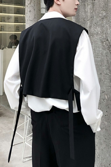 Guys Cool Vest Pure Color Open Front Pocket Cropped Loose Fit Vest in Black