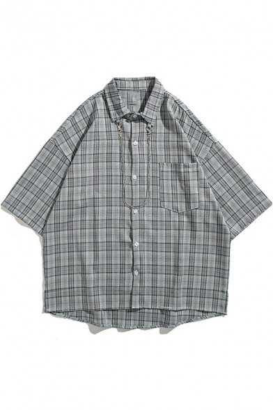 Guys Leisure Shirt Checked Pattern Point Collar Half Sleeve Single Breasted Chain Detailed Loose Shirt