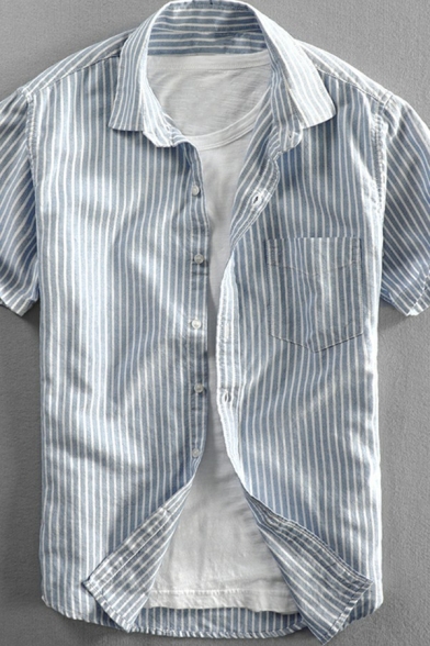 Guys Leisure Shirt Stripe Pattern Short Sleeve Point Collar Button up Chest Pocket Loose Shirt Top