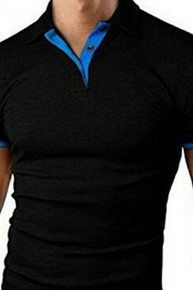 Men Classic Tee Top Contrast Trim Turn-down Collar Short Sleeves Slimming Tee Top