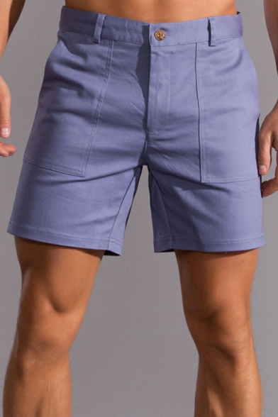 Men Cool Shorts Pure Color Big Pocket Zipper Placket Straight Skinny Fit Shorts