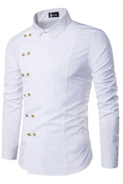 Men Dashing Shirt Solid Button Decoration Lapel Collar Long Sleeves Slimming Curve Bottom Shirt