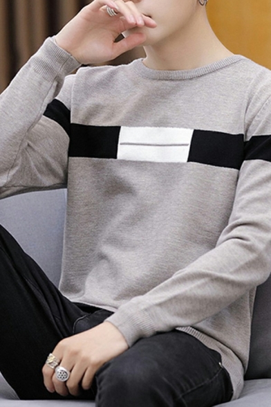 Men Fancy Sweater Striped Print Crew Neck Long Sleeved Knitted Sweater