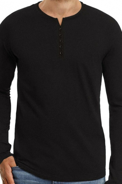 Men Fashion T-Shirt Solid Henley Collar Long Sleeves Fitted T-Shirt