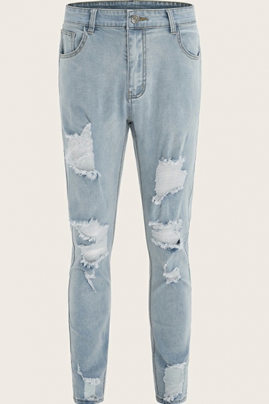 Men's Modern Jeans Distressed Effect Mid Waist Zip-Up Pocket Detail Full Length Skinny Jeans