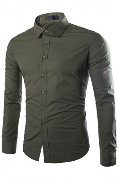 Men Stylish Shirt Solid Color Button Closure Collar Fitted Long-sleeved Shirt
