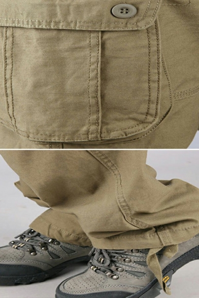 Popular Mens Pants Solid Color Mid Rise Zip Up Flap Pockets Detail Full Length Loose Fit Cargo Pants