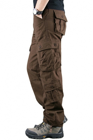 Popular Mens Pants Solid Color Mid Rise Zip Up Flap Pockets Detail Full Length Loose Fit Cargo Pants