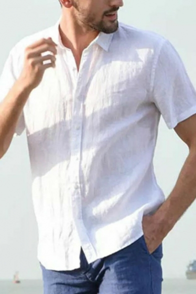 Simple Mens Shirt Plain Button Closure Turn-down Collar Short Sleeves Relaxed Shirt