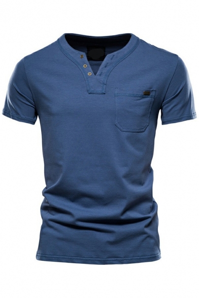 Simple Mens Tee Top Pure Color Pocket V-Neck Short-Sleeved Slim Fitted T-Shirt