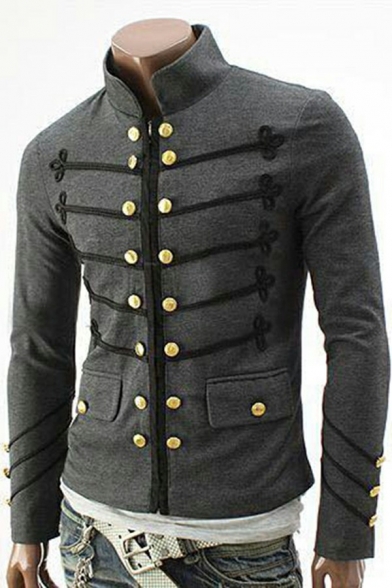Smart Mens Coat Pure Color Stand Collar Double Breasted Pocket Design Fitted Long Sleeves Coat
