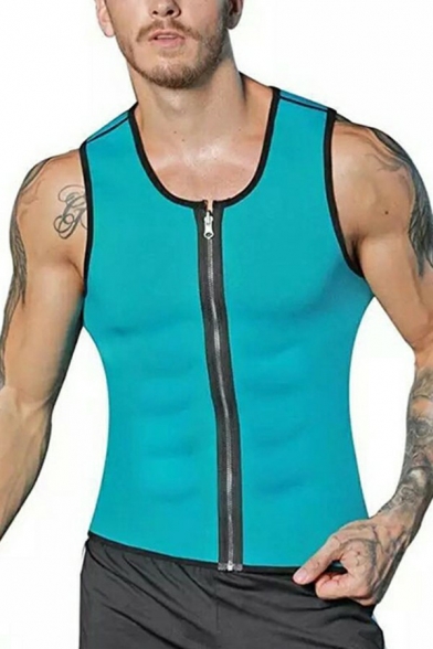 Trendy Mens Tank Top Color Block Zip Fly Crew Neck Sleeveless Slim Fitted Tank Top