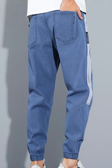 Casual Drawstring Mens Jeans Color Block Elastic Waist Relaxed Fit Jeans