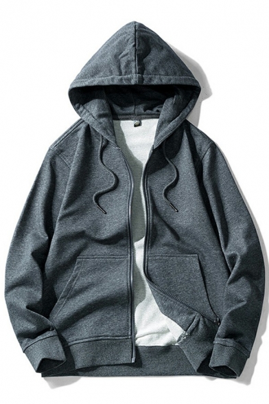 Casual Men's Zipper Hoodie Pure Color Kangaroo Pocket Long-Sleeved Regular Fit Drawcord Hoodie