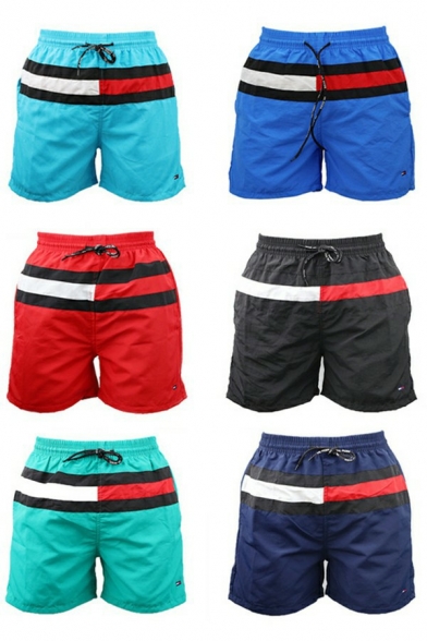 Casual Mens Shorts Contrast Color Drawstring Elastic Waist Front Pocket Straight Relaxed Fit Shorts