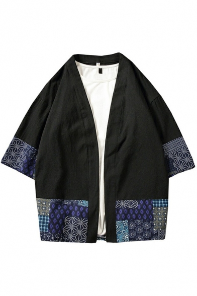 Chinese Style Men's Cardigan Printed V Neck Half Sleeve Open Front Loose Fitted Cardigan