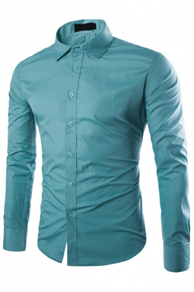 Comfy Mens Shirt Solid Button Closure Turn-down Collar Long Sleeves Slimming Shirt