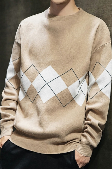 Cool Guys Sweater Argyle Pattern Crew Neck Long Sleeved Knitted Pullover Sweater