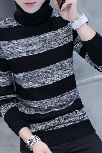 Creative Mens Sweater Stripe Printed Turtleneck Long Sleeve Fitted Pullover Knit Sweater
