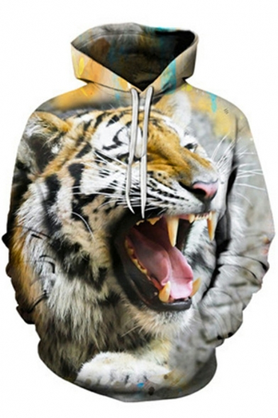 Dashing Men's Hoodie 3D Tiger Print Long-Sleeved Loose Fit Drawcord Hoodie