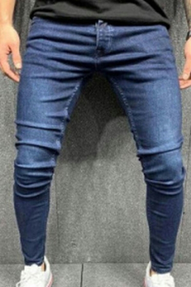 Fancy Jeans Solid Color Zip-up Pocket Embellish Full Length Skinny Jeans for Guys