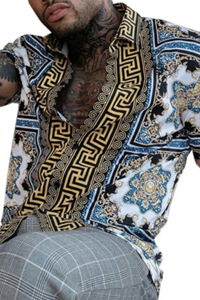 Fashion Men Button Shirt Ethnic Style Florals Printed Short Sleeves Turn-down Collar Slim Shirt