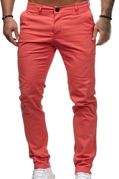Guy's Street Style Pants Solid Color Long Length Skinny Zip Placket Pants