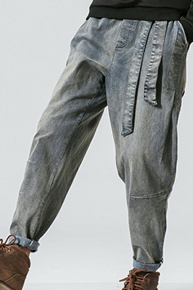Leisure Men's Jeans Mid Waist Belt Designed Full Length Loose Fitted Zipper Jeans
