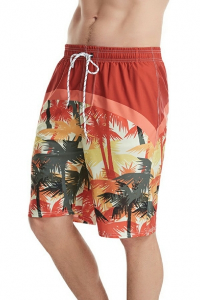 Leisure Mens Shorts Tropical Print  Drawstring Elasticated Waist Mid-Rised Straight Loose Fitted Shorts