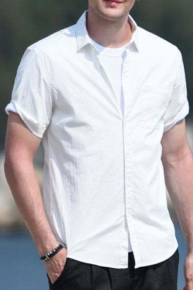 Men Basic Shirt Plain Short Sleeve Point Collar Button Closure Slim Fit Shirt Top