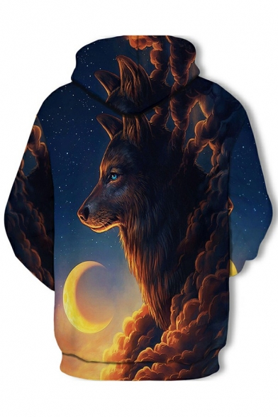 Men Cozy Hoodie Wolf Pattern Drawcord Kanga Pocket Long-sleeved Loose Fit Hoodie