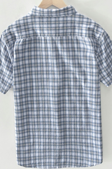 Men Popular Shirt Plaid Print Short-Sleeved Point Collar Button down Chest Pockets Loose Shirt Top