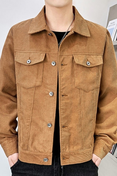 Men Simple Jacket Solid Flap Pocket Button Up Collar Long Sleeve Loose Jacket