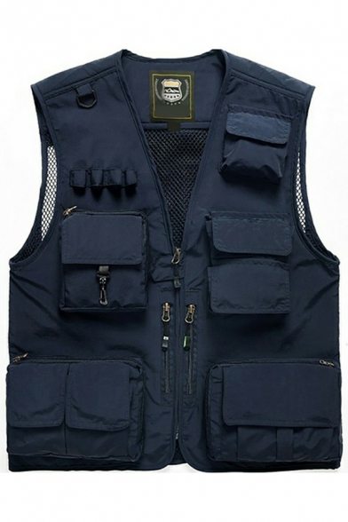 Men Smart Vest Pure Color V-Neck Flap Pocket Zip Embellished Mesh Detail Regular Vest