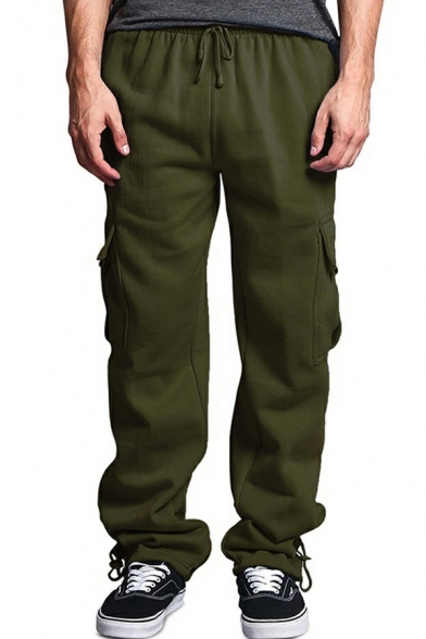 Popular Mens Cargo Pants Solid Color Drawstring Waist Flap Pockets Detail Full Length Loose Fitted Pants