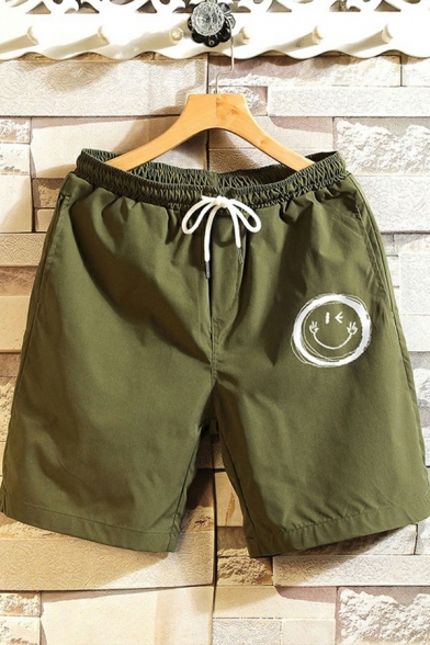 Stylish Mens Shorts Smile Print Drawstring Elastic Waist Mid-Rised Relaxed Fitted Shorts