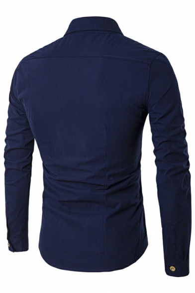 Unique Guys Shirt Plain Double-Breasted Turn-down Collar Long-sleeved Slimming Shirt