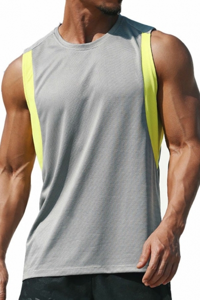 Athletic Men Tank Top Contrast Line Crew Collar Sleeveless Regular Fit Vest Top