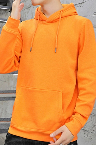 Basic Mens Hoodie Solid Color Drawstring Detail Long Sleeve Regular Fit Hoodie