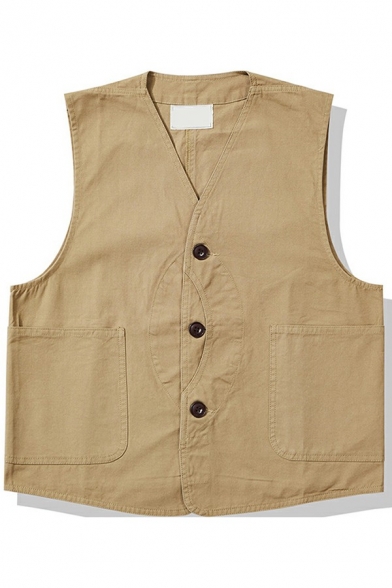 Basic Vest Plain Color Button Down Sleeveless V-Neck Loose Fit Vest with Pocket for Men